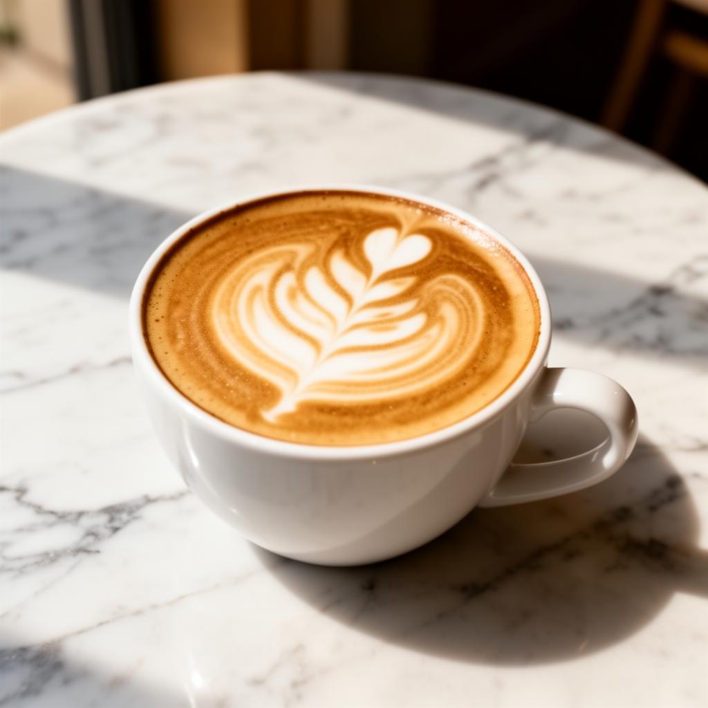 Cappuccino z latte art na marmurowym blacie