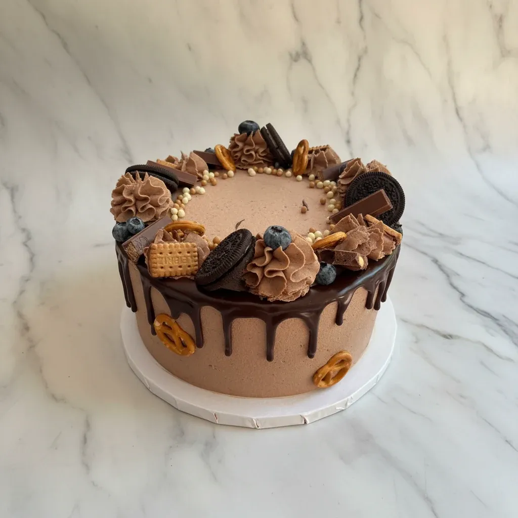 Tort czekoladowy z dripem z gorzkiej czekolady i dekoracjami z ciasteczek Oreo, Kinder i Leibniz. Pracownia Cukiernicza Marcina Kani, Lublin