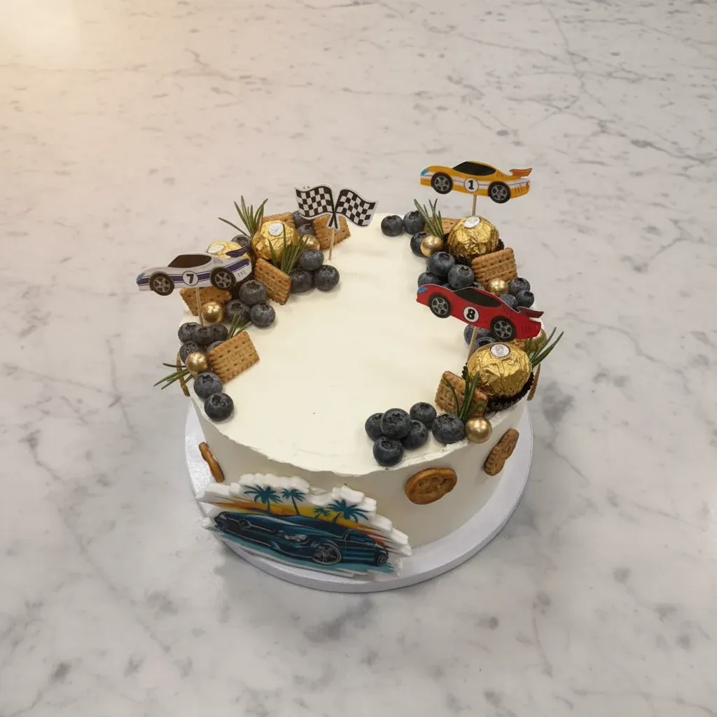 Tort urodzinowy samochodowy z Ferrero Rocher, autkami wyścigowymi, jagodami i flagą mety. Pracownia Cukiernicza Marcina Kani, Lublin